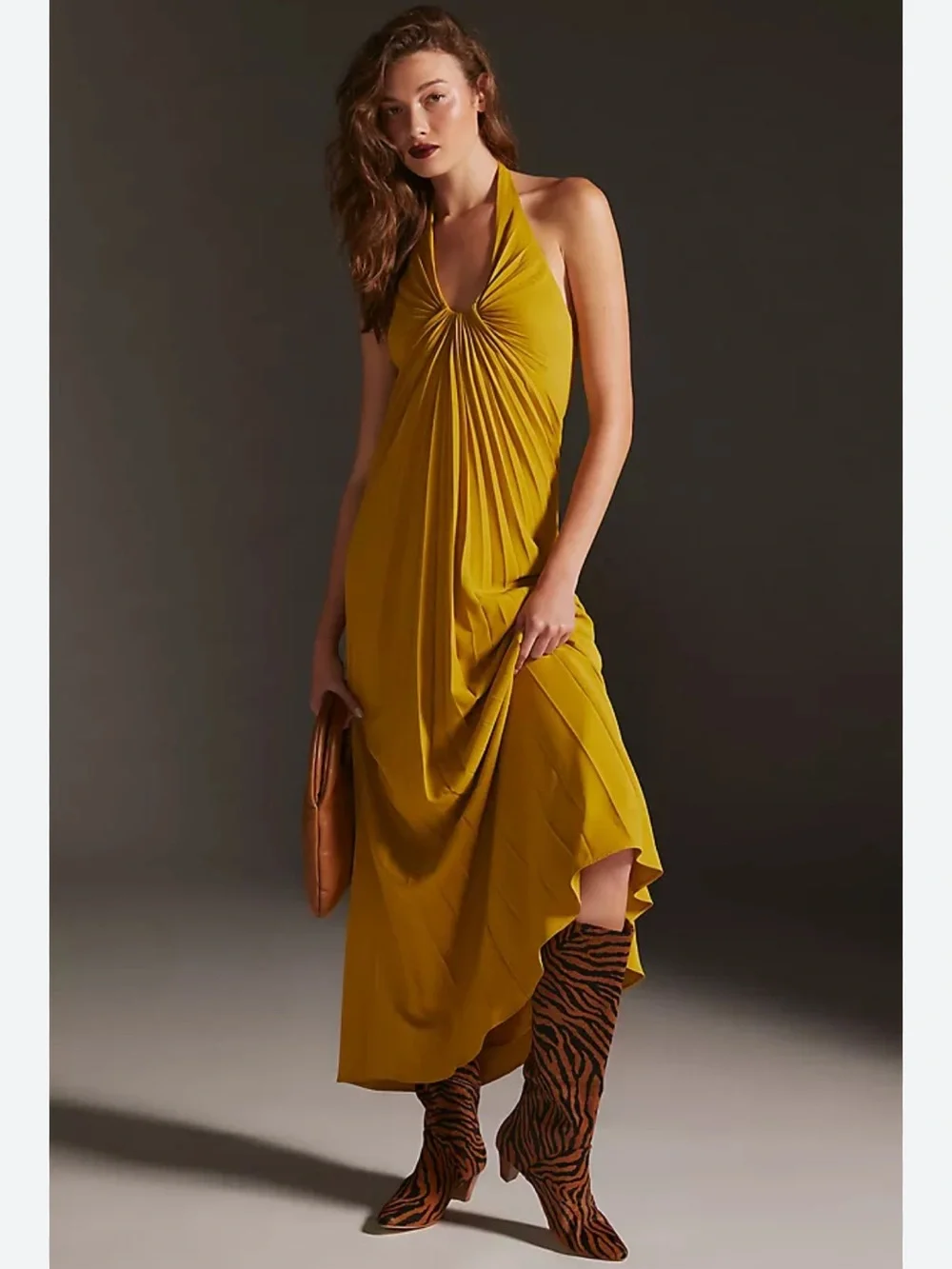 anthropologie gold halter dress Mac Duggal Halter Tiered Ruffled Maxi Dress